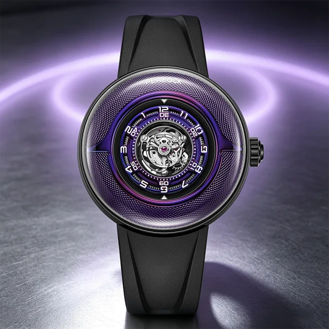 Peacock Black Hole Curved Guilloché Central Tourbillon Watch